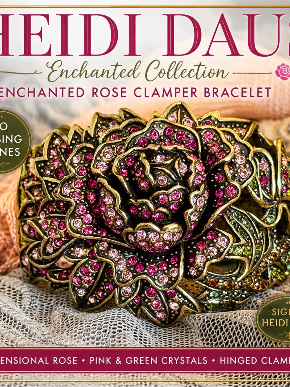Heidi Daus Pink & Green Crystal Rose Clamper Bracelet